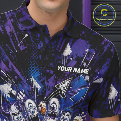 Close-up view of the left chest on a blue and purple bowling polo shirt showcasing a blue monster bowling ball leading monster bowling pins holding overflowing beer mugs with bold graffiti-style splatter artwork.