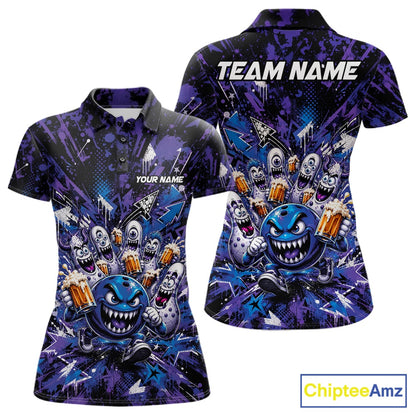 Front and back view of a blue and purple women's bowling polo shirt showcasing a blue monster bowling ball leading monster bowling pins holding overflowing beer mugs with bold graffiti-style splatter graphics.