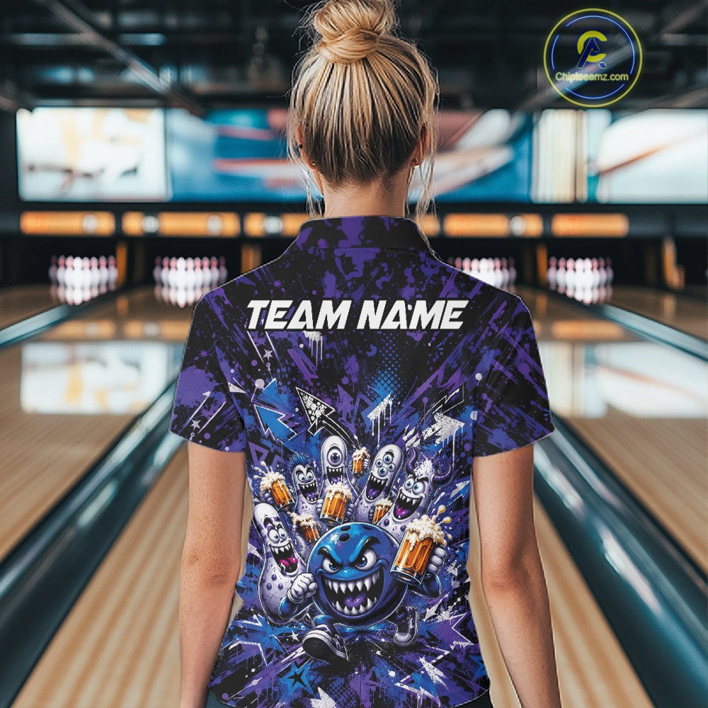 Back view of a female model in a bowling lane wearing a blue and purple bowling polo shirt displaying a blue monster bowling ball leading monster bowling pins holding overflowing beer mugs with energetic graffiti-style splatter graphics.