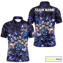 Load image into Gallery viewer, Front and back view of a blue and purple men's bowling polo shirt showcasing a blue monster bowling ball leading monster bowling pins holding overflowing beer mugs with bold graffiti-style splatter graphics.
