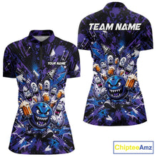 Load image into Gallery viewer, Front and back view of a blue and purple women's bowling quarter-zip shirt featuring a blue monster bowling ball leading monster bowling pins holding overflowing beer mugs with bold graffiti-style splatter graphics.