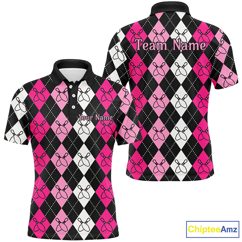 Pink Argyle Pattern Bowling Shirts For Men, Custom Bowling Uniforms IPHW7305