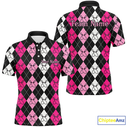 Pink Argyle Pattern Bowling Shirts For Men, Custom Bowling Uniforms IPHW7305