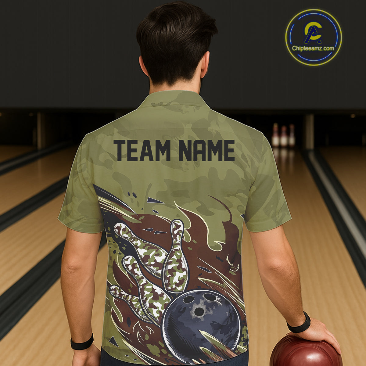 Custom Military Camo Men And Women Bowling Shirt, Patriotic Veteran Flame Camouflage Team Shirt IPHW8038