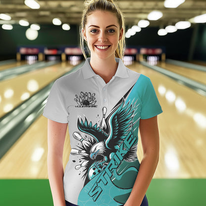 Custom Blue Eagle Bowling Team Women Polo Shirts, Eagle Bowling League Shirt Bowlers Outfit IPHW8755