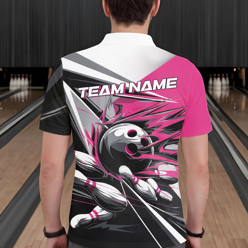 Custom Black And Pink Striking Bowling Polo Shirts For Men, Team Uniform Bowlers Outfits IPHW8764