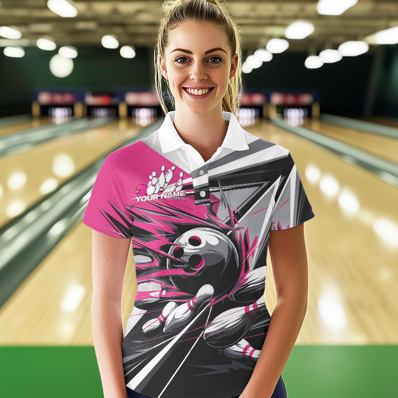 Custom Black And Pink Striking Bowling Polo Shirts For Women, Team Uniform Bowlers Outfits IPHW8764
