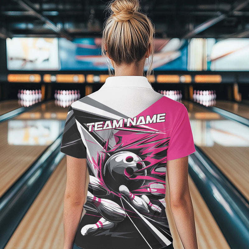 Custom Black And Pink Striking Bowling Polo Shirts For Women, Team Uniform Bowlers Outfits IPHW8764
