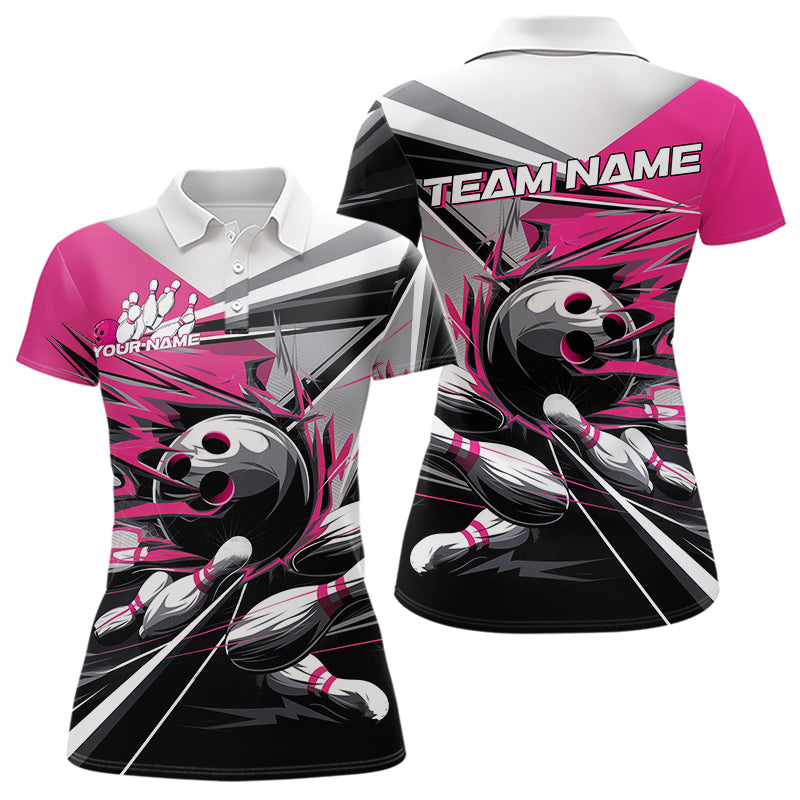 Custom Black And Pink Striking Bowling Polo Shirts For Women, Team Uniform Bowlers Outfits IPHW8764