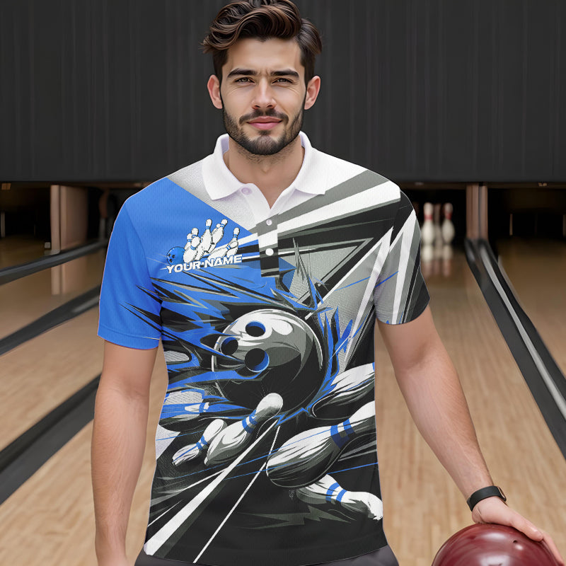 Custom Black And Blue Striking Bowling Polo Shirts For Men, Team Uniform Bowlers Outfits IPHW8765