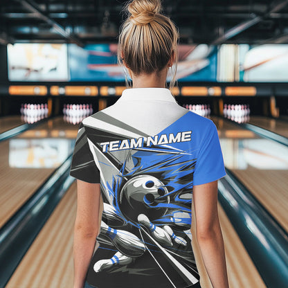 Custom Black And Blue Striking Bowling Polo Shirts For Women, Team Uniform Bowlers Outfits IPHW8765