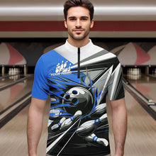 Load image into Gallery viewer, Custom Black And Blue Striking Bowling Quarter-Zip Shirts For Men, Team Uniform Bowlers Outfits IPHW8765