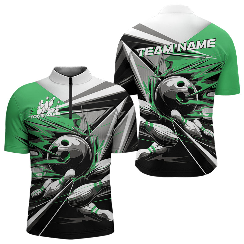Custom Black And Green Striking Bowling Quarter-Zip Shirts For Men, Team Uniform Bowlers Outfits IPHW8767