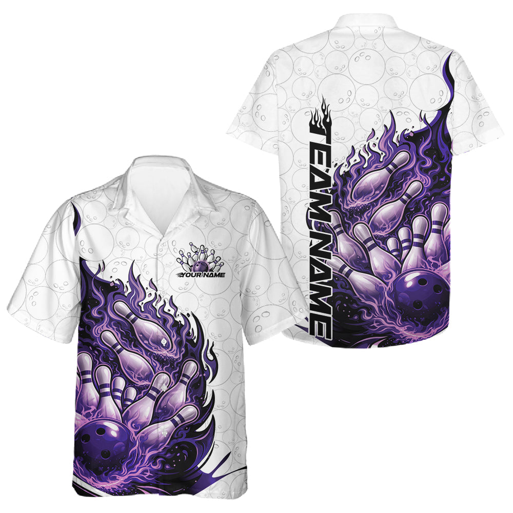 White, blue, and purple button-up bowling shirt mockup shown from front and back with a flaming bowling ball striking bowling pins.
