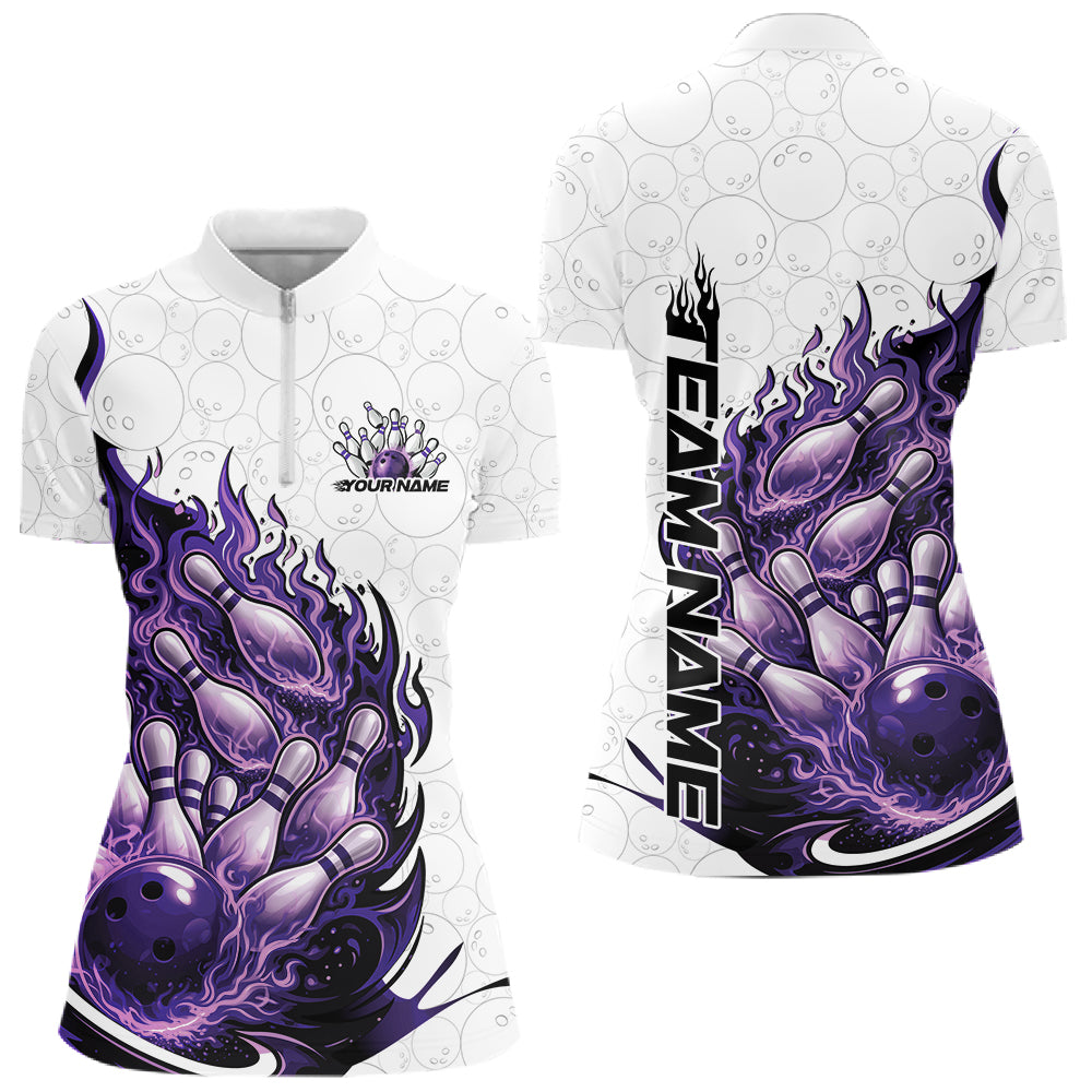 Front and back mockup of womens bowling quarter zip in white, blue and purple featuring flaming bowling ball striking pins with vibrant cosmic fire sports artwork.