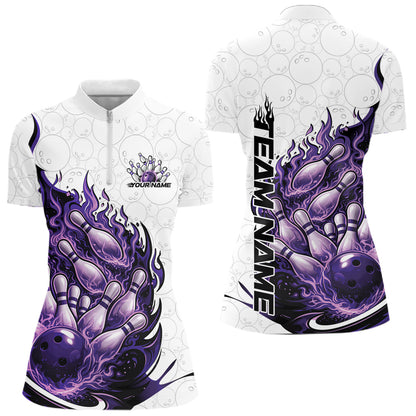 Front and back mockup of womens bowling quarter zip in white, blue and purple featuring flaming bowling ball striking pins with vibrant cosmic fire sports artwork.