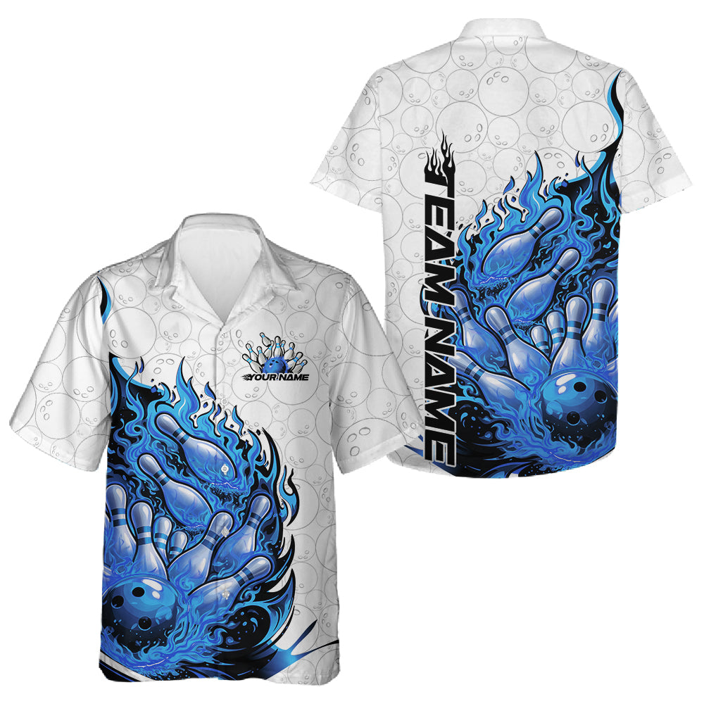 Front and back views of a white and blue button-up bowling shirt featuring a flaming bowling ball crashing into pins with fiery bowling artwork.