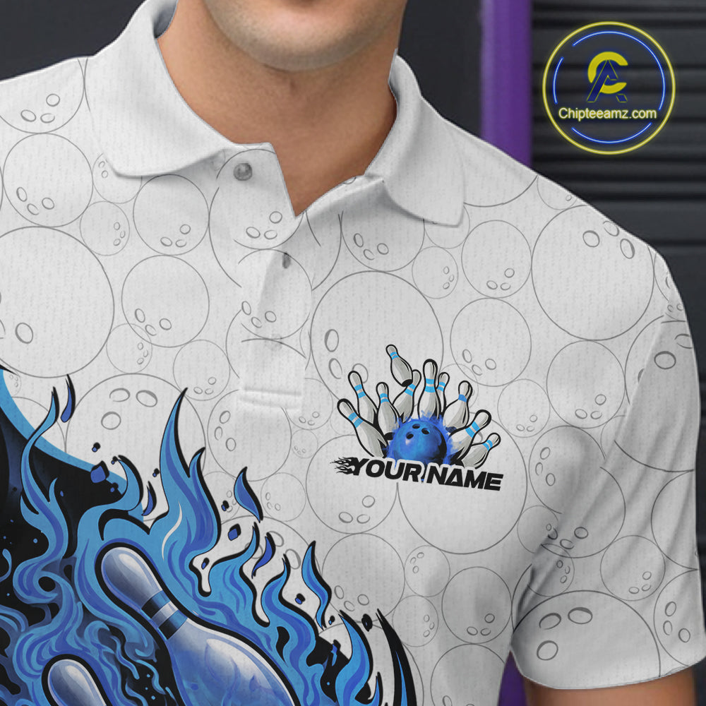 Left chest close-up of a white and blue bowling polo showcasing a fiery bowling strike graphic.