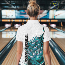 Load image into Gallery viewer, Cusom Turquoise Blue Flame Bowling Women Polo Team Shirt, Fire Bowling Tournament Jersey IPHW11132