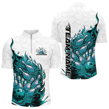 Load image into Gallery viewer, Cusom Turquoise Blue Flame Bowling Men Quarter-Zip Team Shirt, Fire Bowling Tournament Jersey IPHW11132