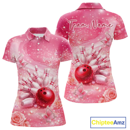 Front and back view of a women’s polo shirt featuring flaming bowling ball crashing into pins purple fiery theme artwork