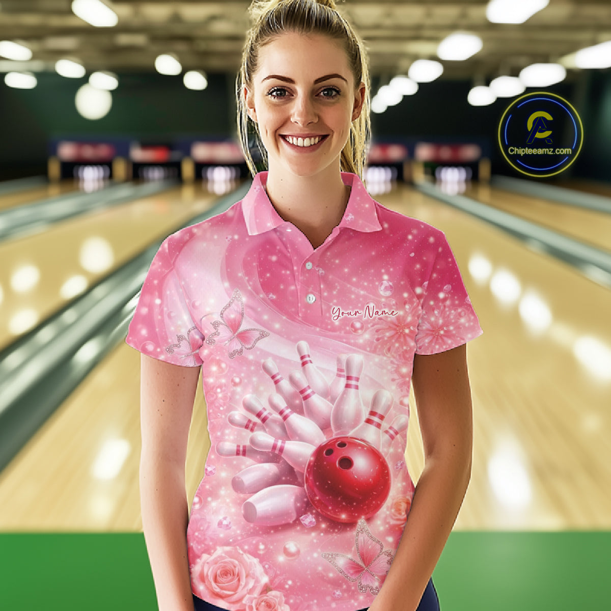 Female model in bowling lane wearing polo shirt with flaming bowling ball striking pins purple blazing fire design