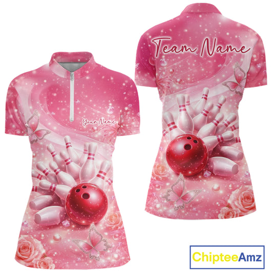 Front and back view of a women’s bowling quarter zip shirt featuring a pink bowling ball striking pins with butterflies and sparkling diamond accents.