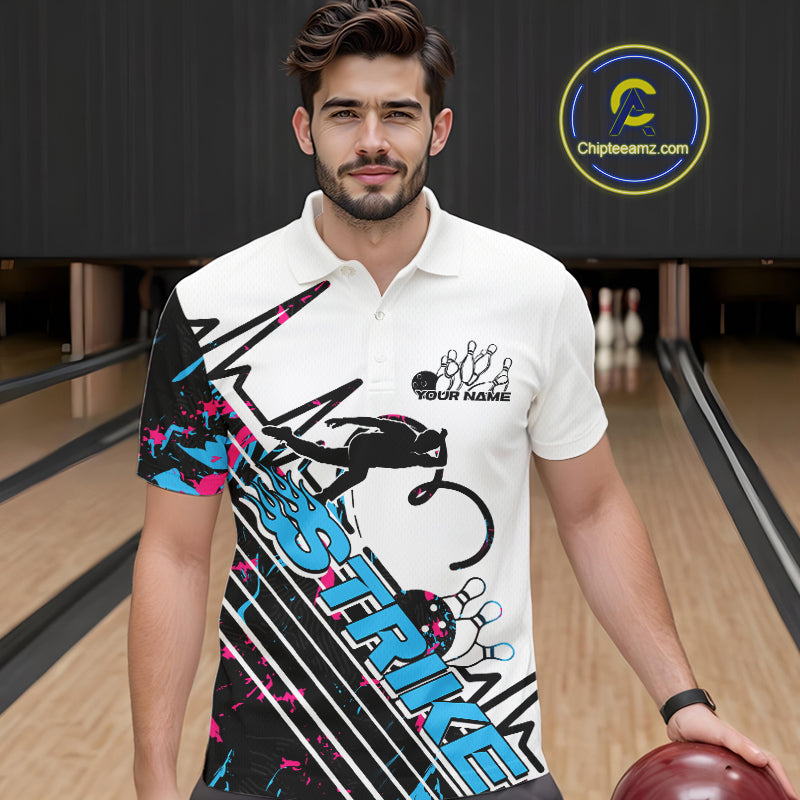 Custom Blue And Pink Camo Strike Bowling Polo Shirts For Men, Bowling Heartbeat Pulse Line IPHW9248