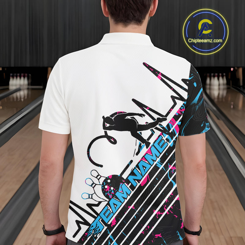 Custom Blue And Pink Camo Strike Bowling Polo Shirts For Men, Bowling Heartbeat Pulse Line IPHW9248