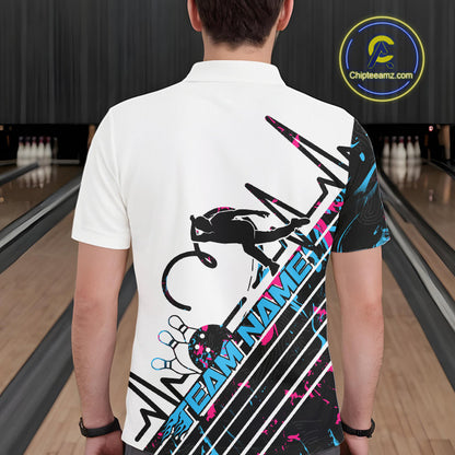 Custom Blue And Pink Camo Strike Bowling Polo Shirts For Men, Bowling Heartbeat Pulse Line IPHW9248