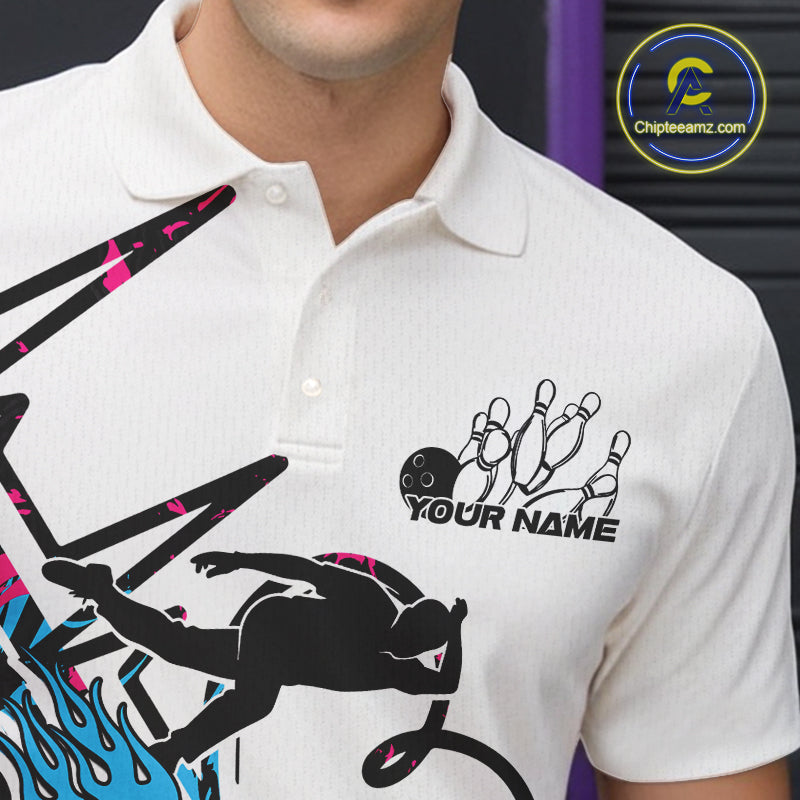 Custom Blue And Pink Camo Strike Bowling Polo Shirts For Men, Bowling Heartbeat Pulse Line IPHW9248