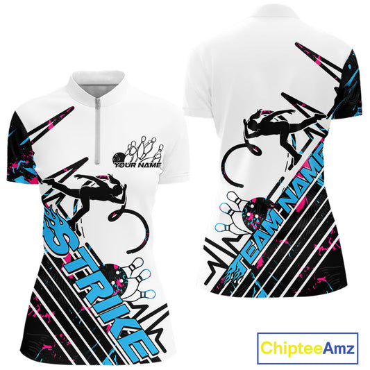 Custom Blue And Pink Camo Strike Bowling Women Quarter-Zip Shirts, Bowling Heartbeat IPHW9248