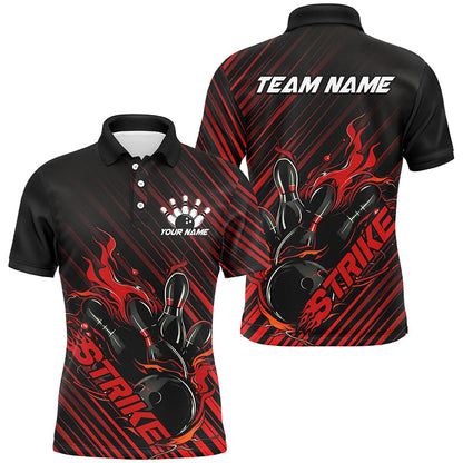 Custom Black And Red Flame Bowling Shirts For Men, Strike Bowling Team Shirts Outfit Bowling IPHW7319
