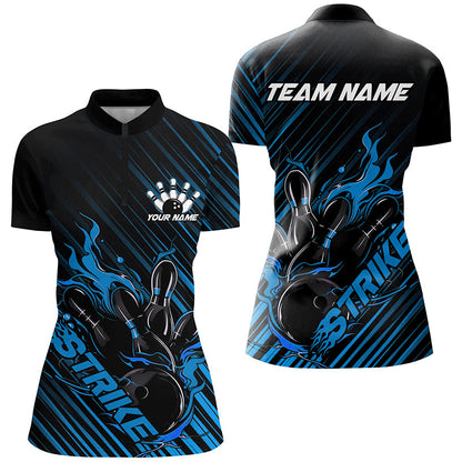 Custom Black And Blue Flame Ladies Bowling Shirts, Strike Bowling Team Shirt Outfit Bowling IPHW7320