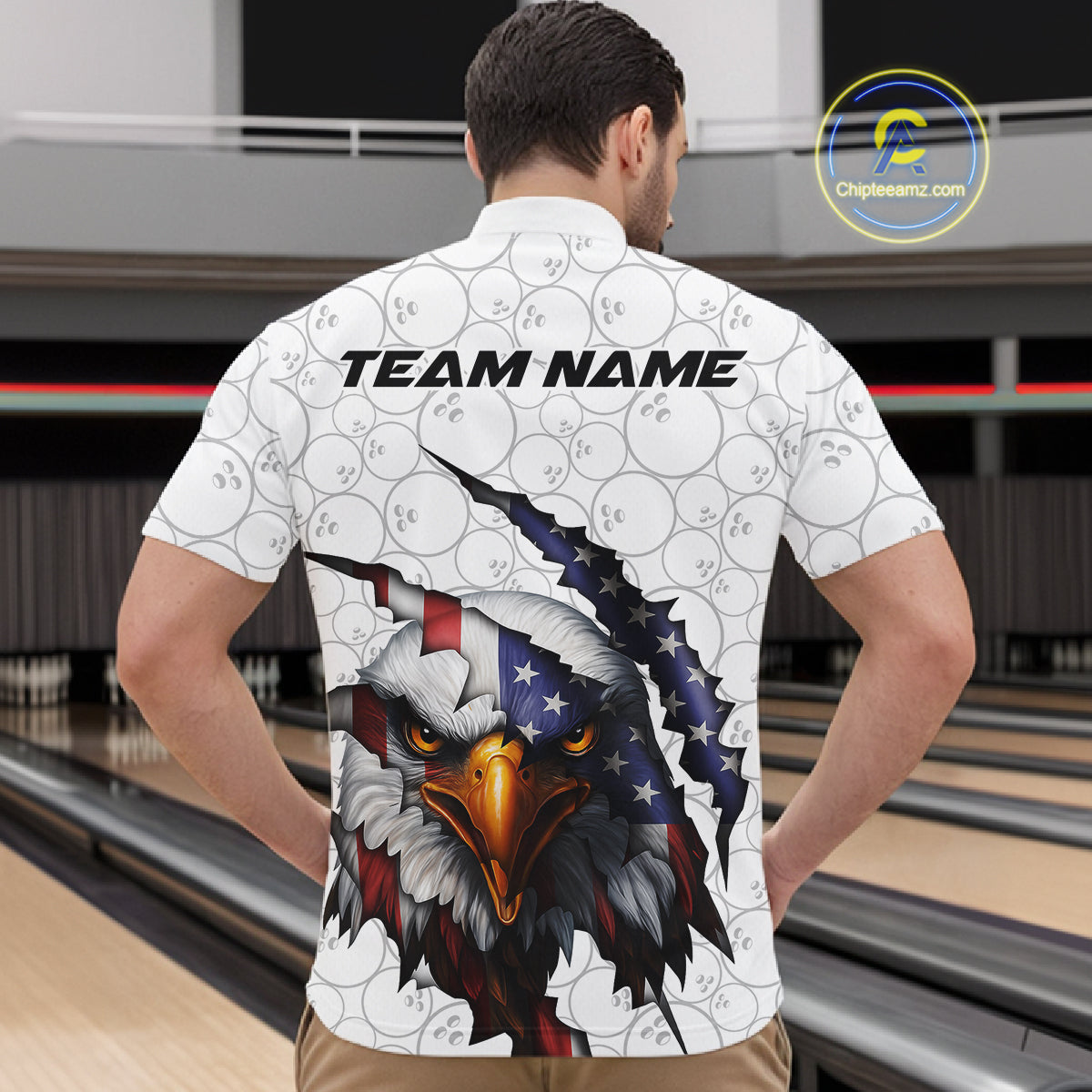 Custom Patriotic Eagle Men Bowling Team Shirt, US Flag Eagle Bowling League Shirt IPHW10190