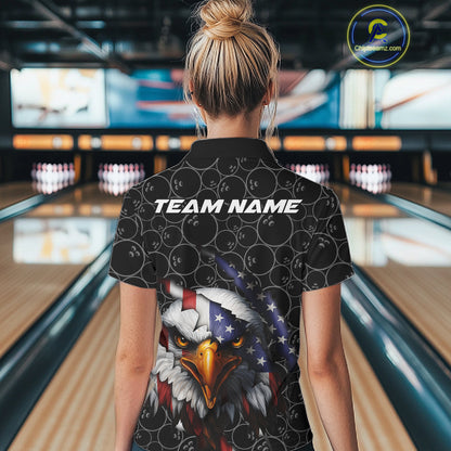 Custom Patriotic Eagle Women Bowling Team Shirt, US Flag Eagle Bowling League Shirt IPHW10191