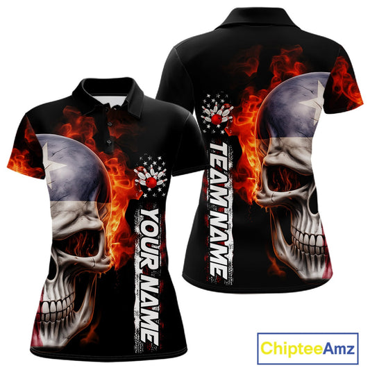 Custom Flame Skull American Texas Flag Women Bowling Team Shirt, Patriotic Bowling Jerseys IPHW10635