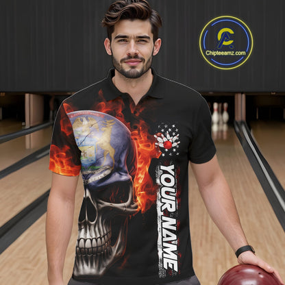 Custom Flame Skull American Michigan Flag Men Bowling Team Shirt, Patriotic Bowling Jersey IPHW10636