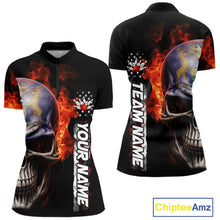 Load image into Gallery viewer, Custom Flame Skull American Michigan Flag Women Bowling Shirt, Patriotic Bowling Jersey IPHW10636