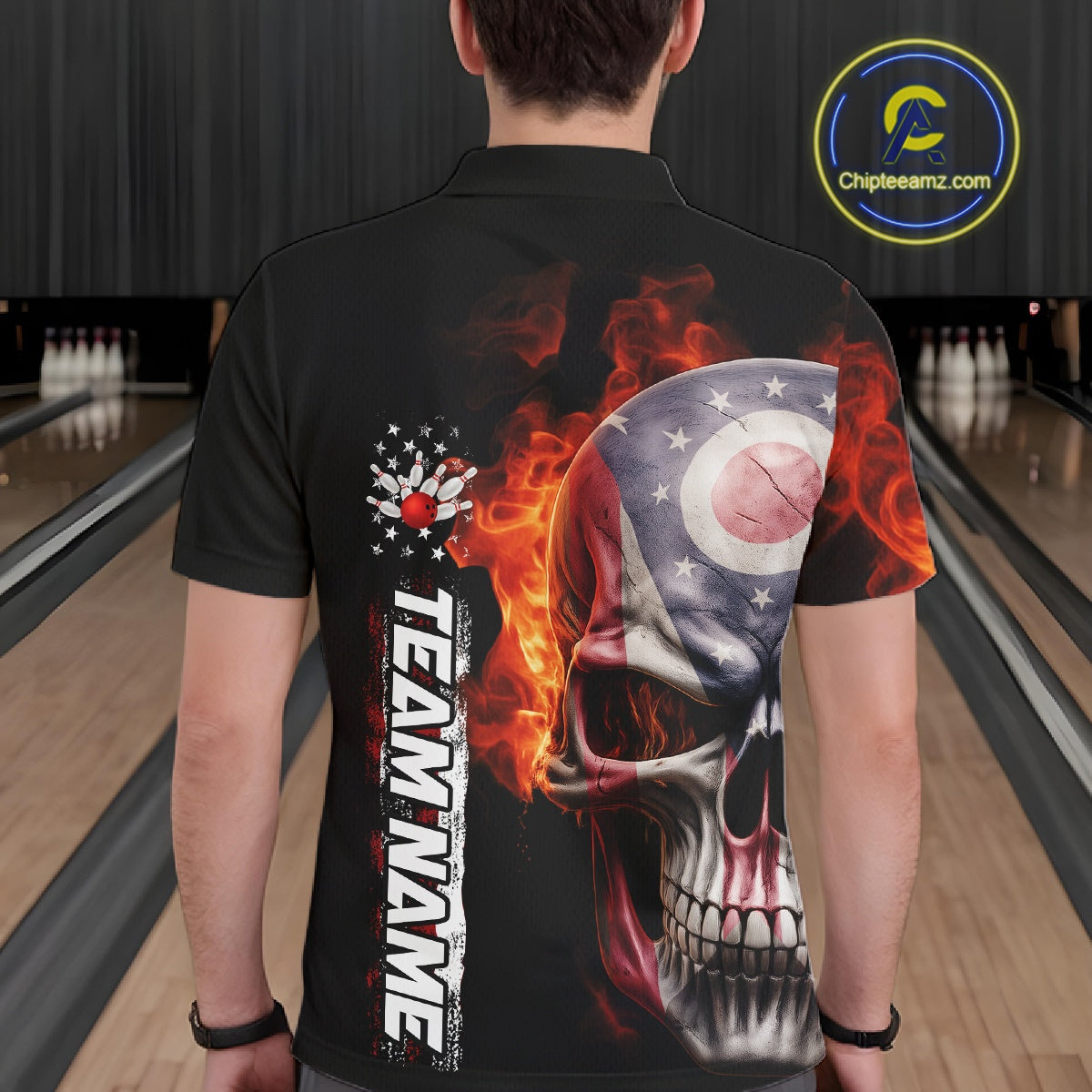 Custom Flame Skull American Ohio Flag Men Bowling Team Shirt, Patriotic Bowling Jersey IPHW10637