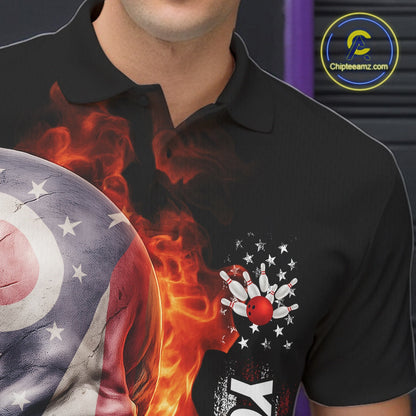 Custom Flame Skull American Ohio Flag Men Bowling Team Shirt, Patriotic Bowling Jersey IPHW10637