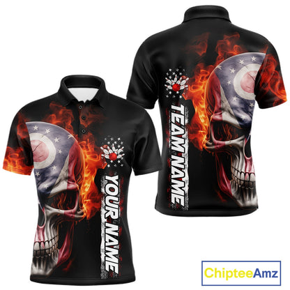 Custom Flame Skull American Ohio Flag Men Bowling Team Shirt, Patriotic Bowling Jersey IPHW10637