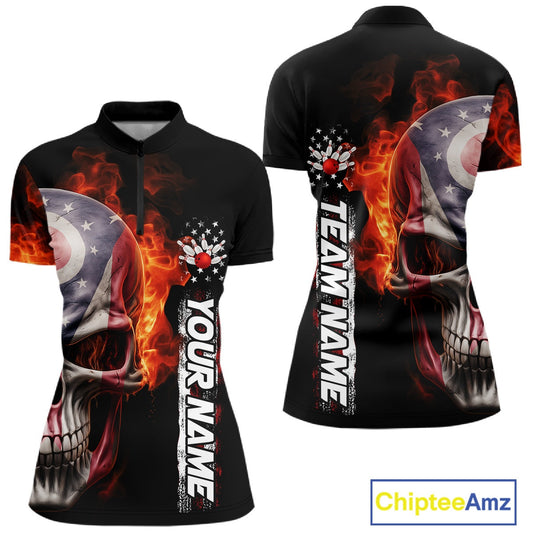 Custom Flame Skull American Ohio Flag Women Bowling Team Shirt, Patriotic Bowling Jersey IPHW10637