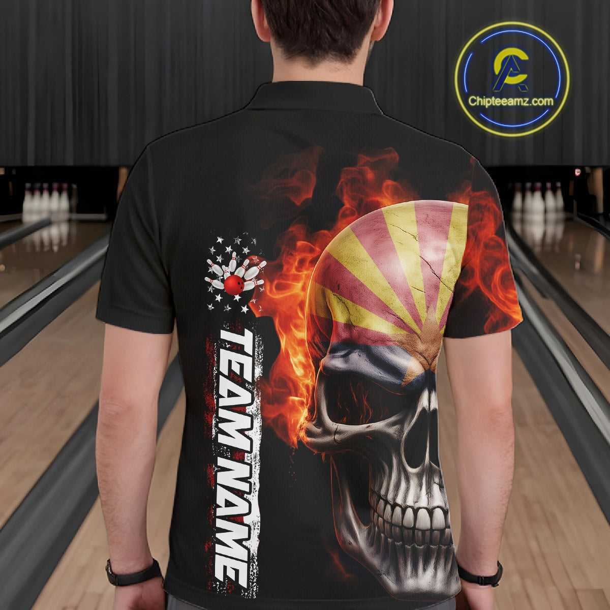 Custom Flame Skull American Arizona Flag Men Bowling Team Shirt, Patriotic Bowling Jersey IPHW10638