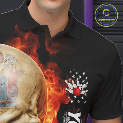 Custom Flame Skull American New Jersey Flag Men Bowling Shirt, Patriotic Bowling Shirt IPHW10639