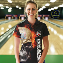 Load image into Gallery viewer, Custom Flame Skull American New Jersey Flag Women Bowling Shirt, Patriotic Bowling Shirt IPHW10639
