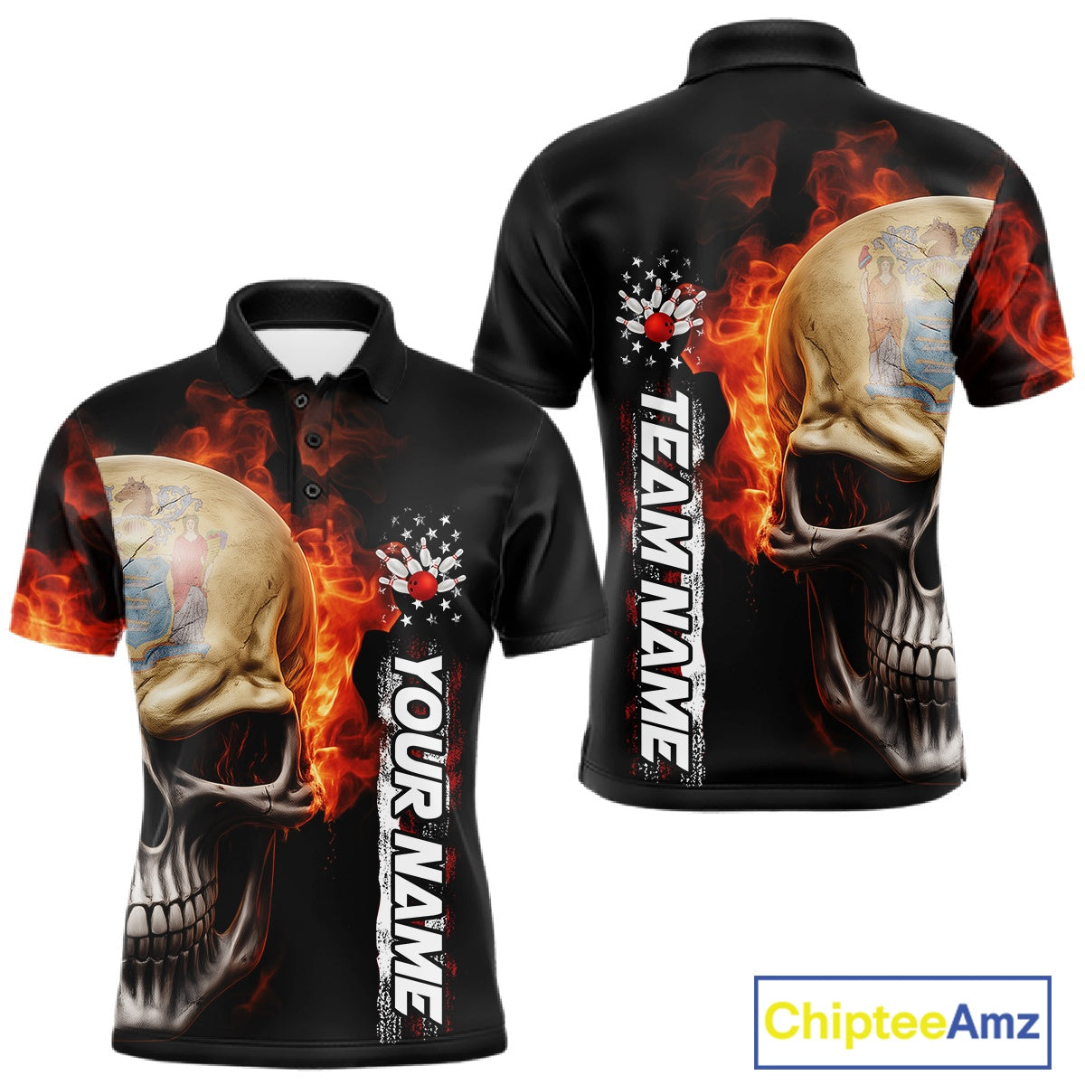 Custom Flame Skull American New Jersey Flag Men Bowling Shirt, Patriotic Bowling Shirt IPHW10639