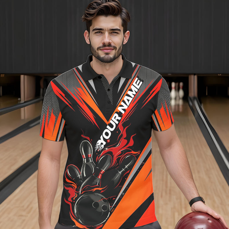 Custom Black And Red Flame Bowling Men Polo Shirts, Fire Bowling Tournament Team Outfits IPHW8773