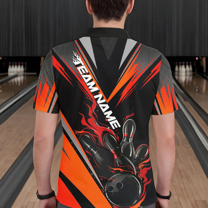 Custom Black And Red Flame Bowling Men Polo Shirts, Fire Bowling Tournament Team Outfits IPHW8773