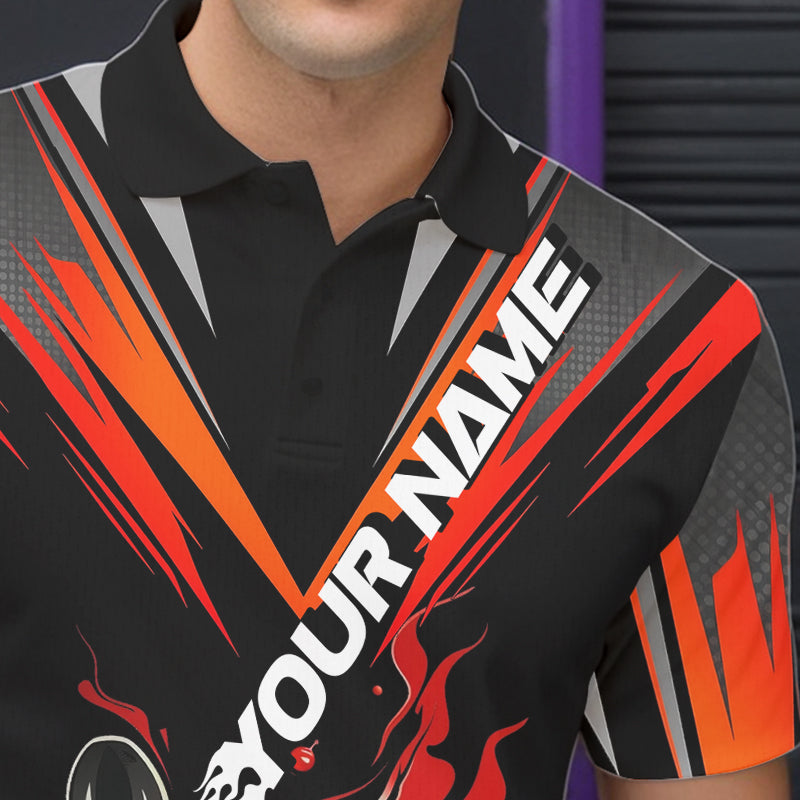 Custom Black And Red Flame Bowling Men Polo Shirts, Fire Bowling Tournament Team Outfits IPHW8773